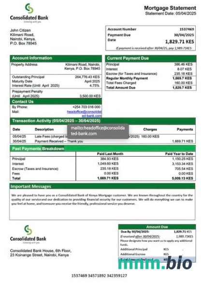 Kenia Bank Skonsolidowany Kenii wyciąg z kredytu hipotecznego szablon Word i PDF